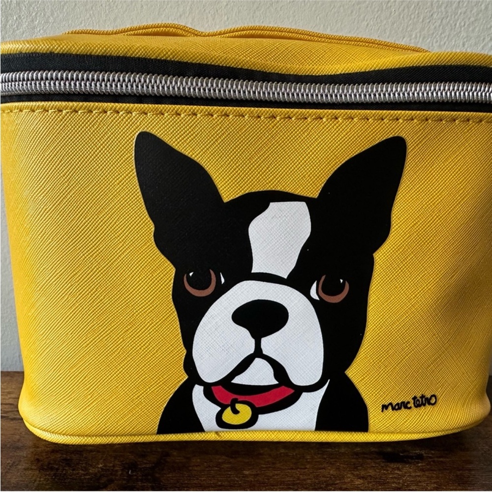 Marc Tetro Yellow Cosmetic Bag with Dog and Striped Interior, Handle NWT - Picture 3 of 5